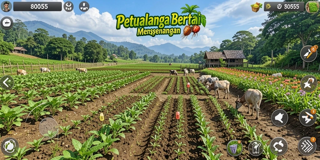 Tangkapan layar utama dari gameplay <strong>8055</strong> yang menunjukkan aktivitas bertani.
