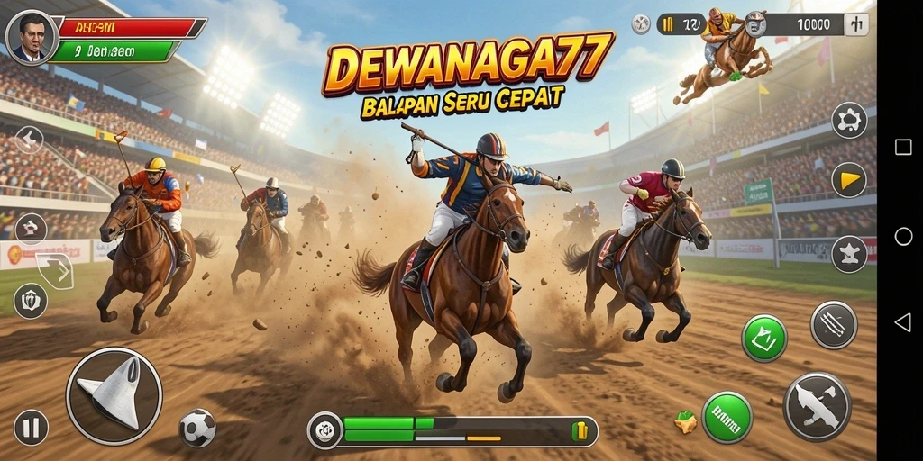 Screenshot menampilkan aksi balapan seru dalam DEWANAGA77.