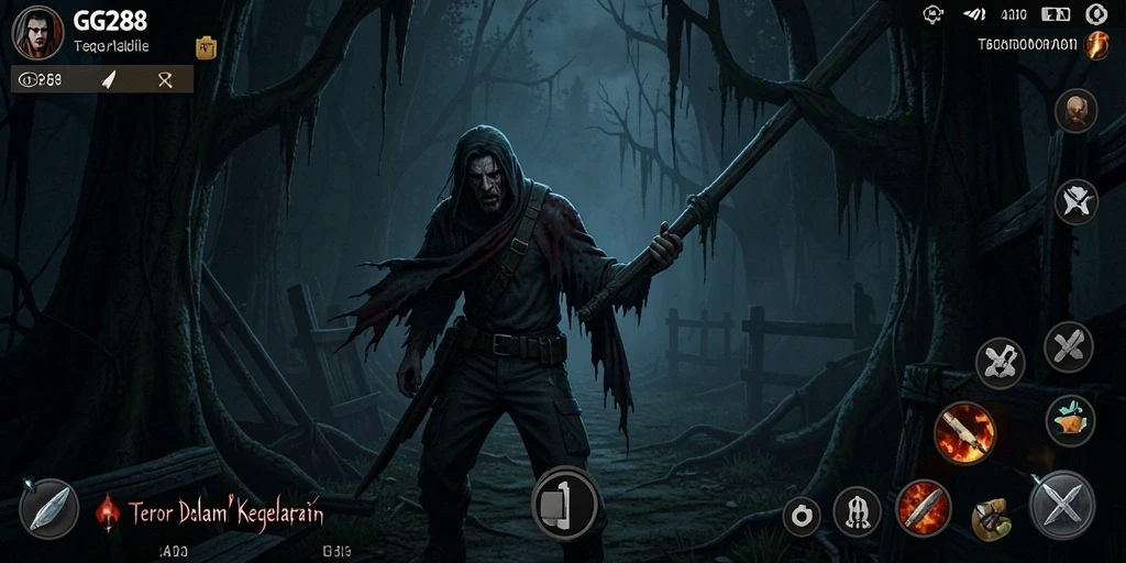 Screenshot gameplay GG288 menampilkan momen menyeramkan di kegelapan.