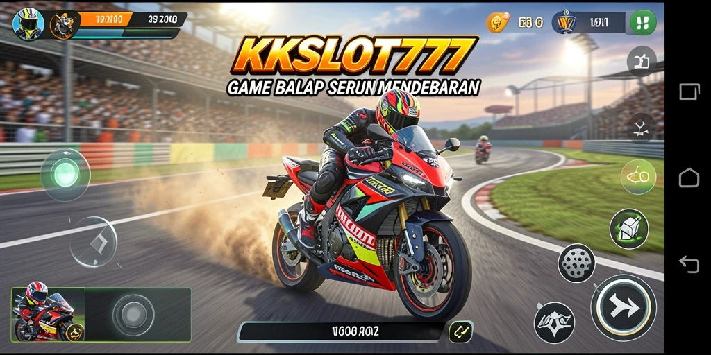 Screenshot KKSLOT777 menampilkan aksi balap motor yang intens dan mendebarkan.