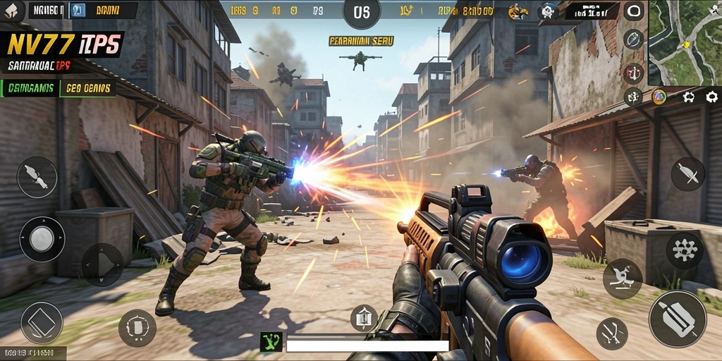 Screenshot gameplay NV77 menampilkan aksi seru dalam pertempuran TPS.