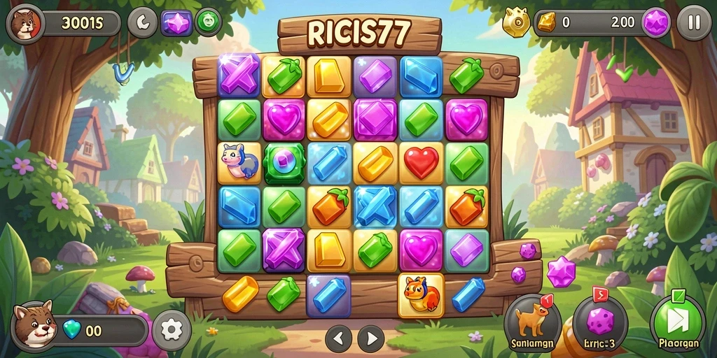 Screenshot gameplay RICIS77 menampilkan keseruan memadukan permata dalam Match-3.