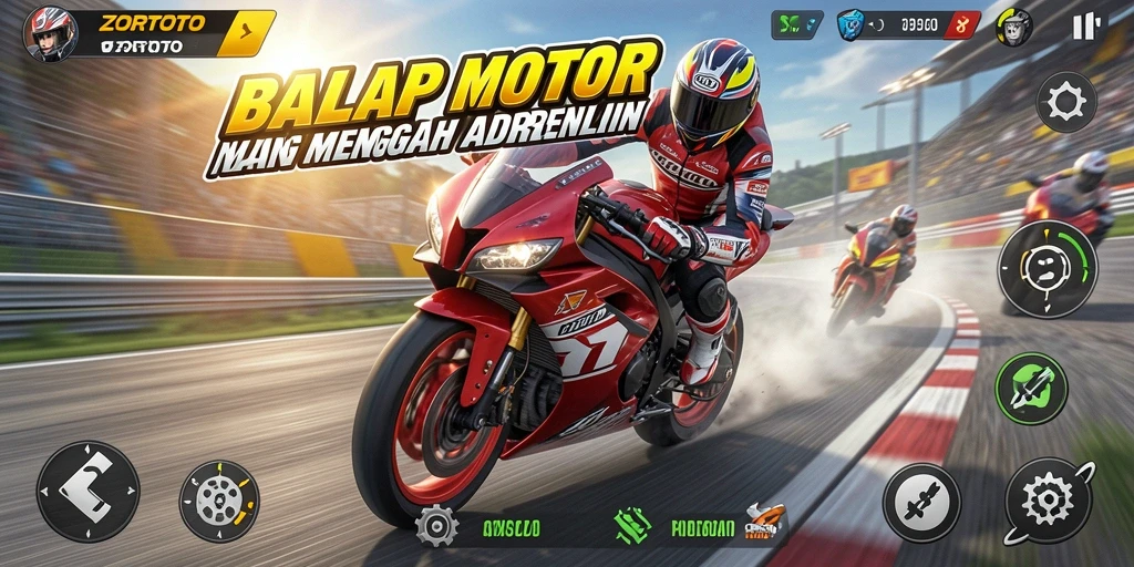 Tangkapan layar gameplay ZORTOTO dengan aksi balapan motor yang mendebarkan.